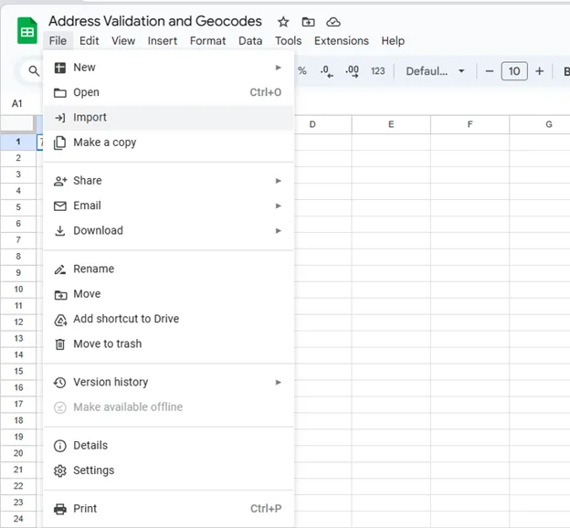 Importing addresses into Google Sheets