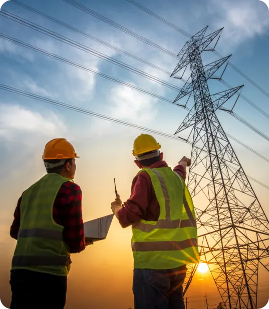 Linemen coordinating power line maintenance from the ground