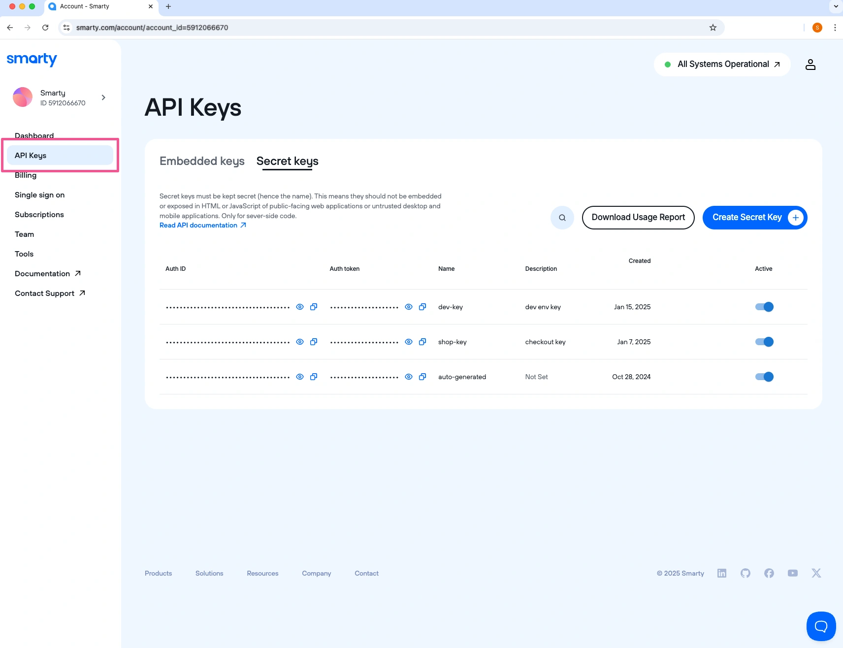 Select API keys from the sidebar