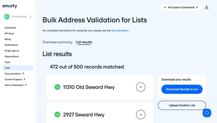 Bulk Address Validation results showing 472 of 500 records matched with sample addresses.