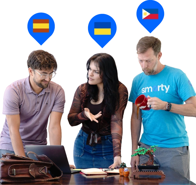 Three people conversing in different languages